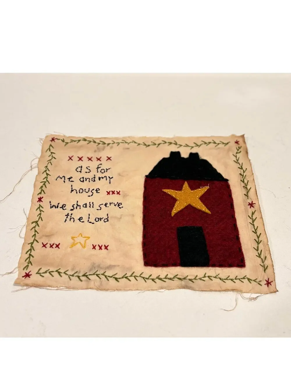Primitive Folk Art Handmade Fabric Sampler As For Me And My House Serve The Lord